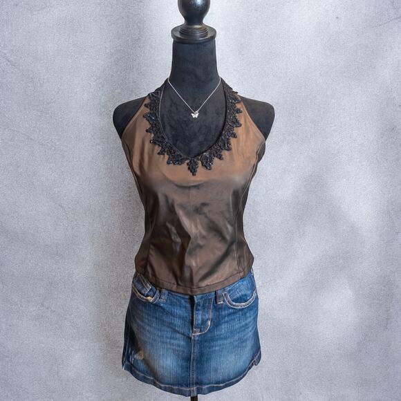 Vintage Y2K Club Contempo Sequin Lace Trim Sheen Halter Top Medium - Picture 4 of 8